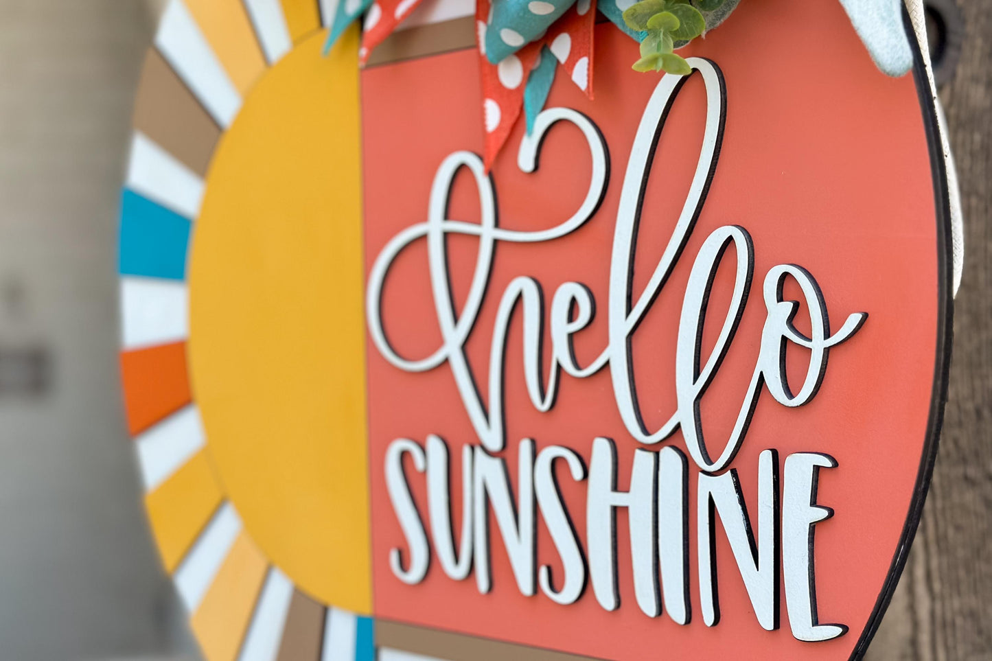 Hello Sunshine Door Hanger SVG, Round Summer Sign Laser Cut File, Sunburst Layered Sign, Farmhouse Porch Decor, Glowforge xTool Cut File