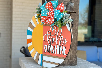 Hello Sunshine Door Hanger SVG, Round Summer Sign Laser Cut File, Sunburst Layered Sign, Farmhouse Porch Decor, Glowforge xTool Cut File