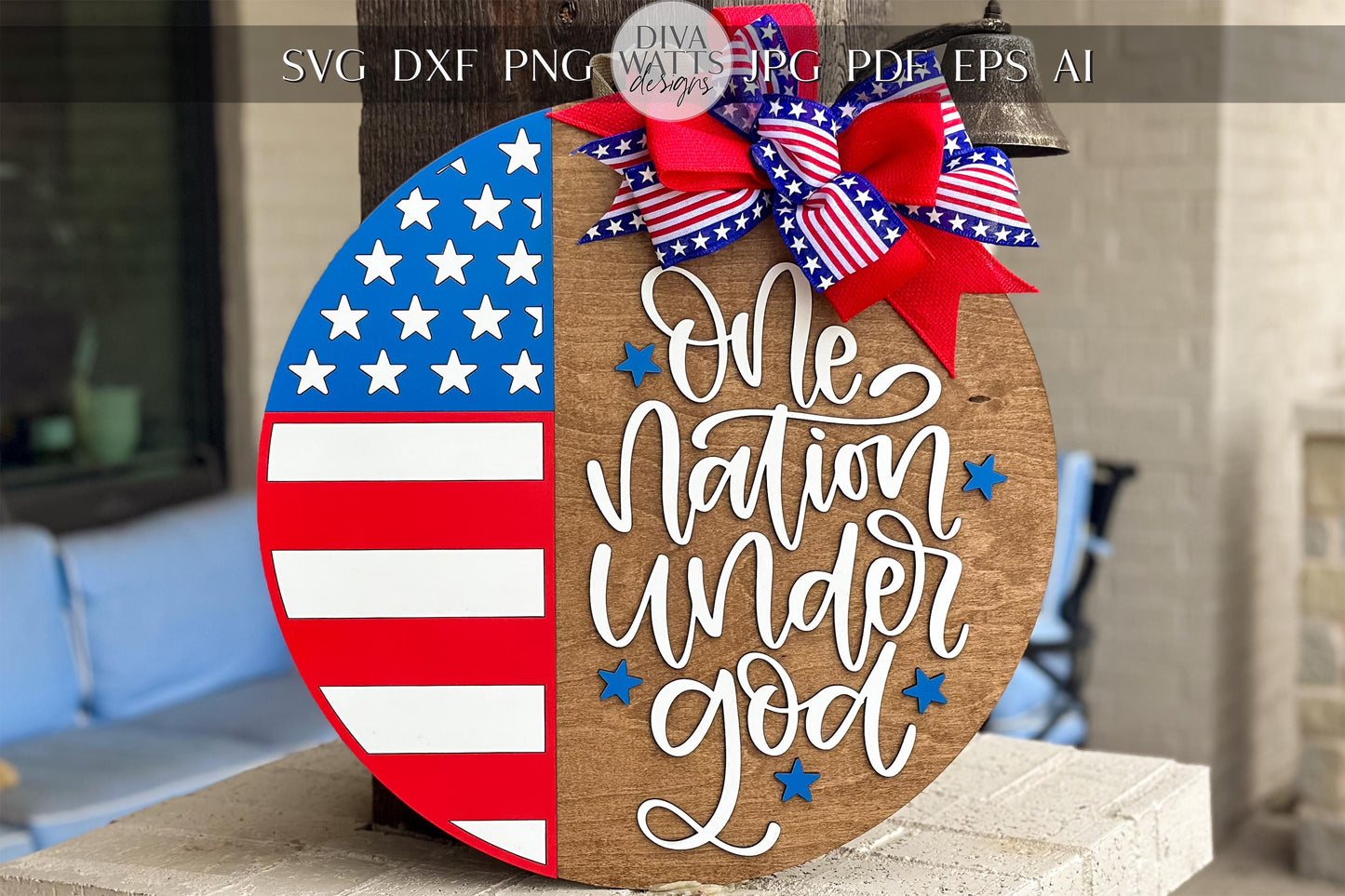One Nation Under God SVG, Patriotic Door Hanger Laser Cut File, USA Round Sign, 4th of July Laser SVG, Farmhouse Porch Decor Glowforge xTool