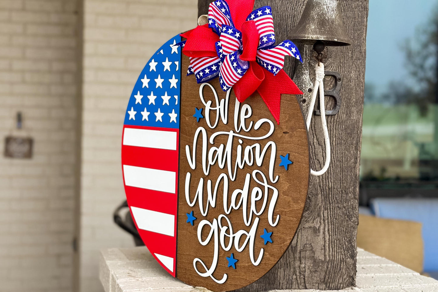 One Nation Under God SVG, Patriotic Door Hanger Laser Cut File, USA Round Sign, 4th of July Laser SVG, Farmhouse Porch Decor Glowforge xTool