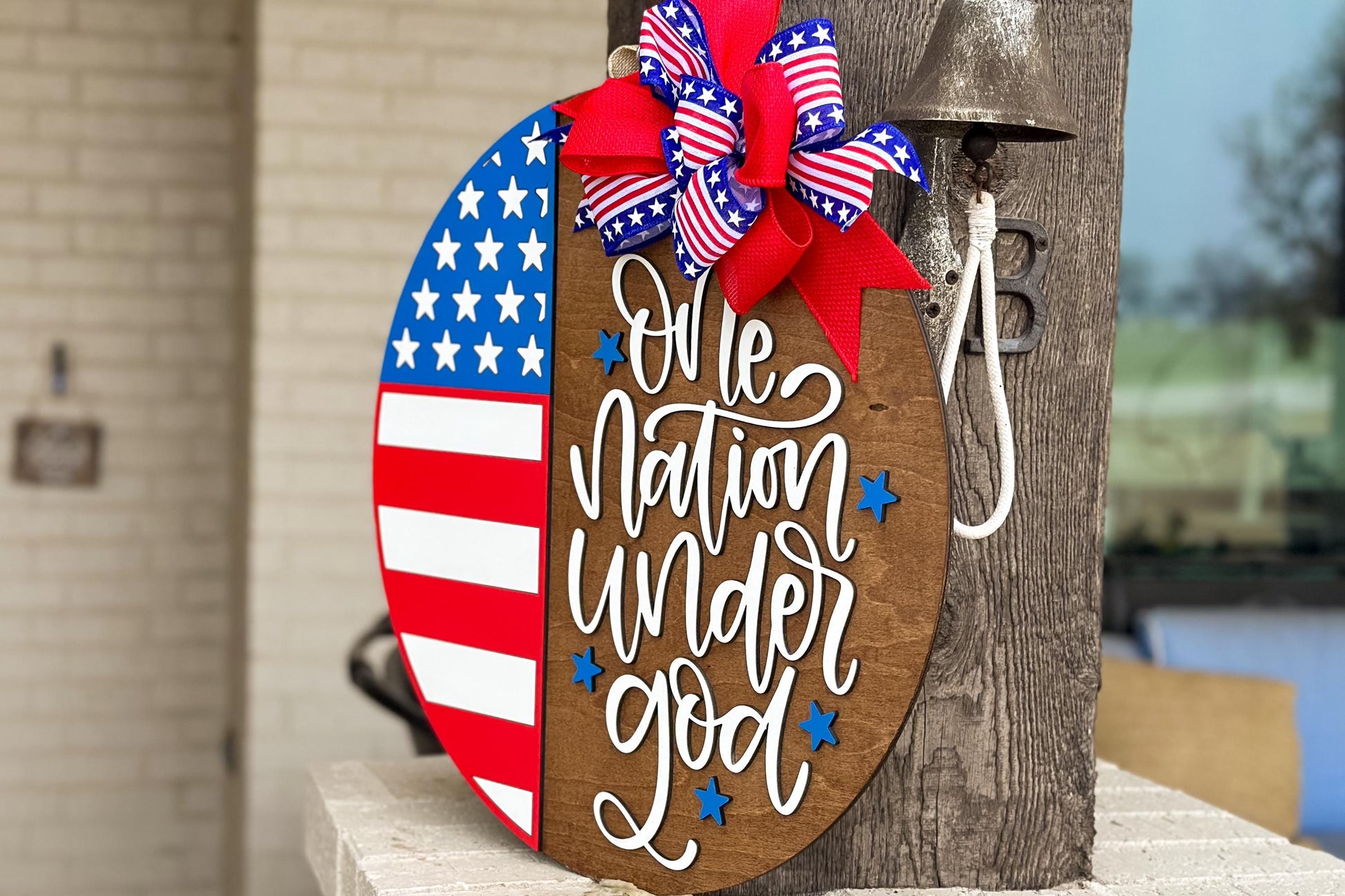 One Nation Under God SVG, Patriotic Door Hanger Laser Cut File, USA Round Sign, 4th of July Laser SVG, Farmhouse Porch Decor Glowforge xTool