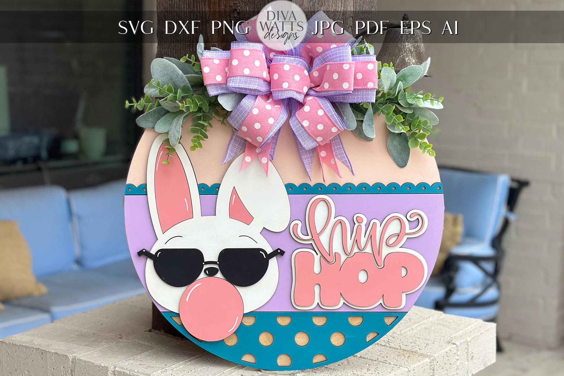 Easter Bunny Hip Hop SVG Laser Cut File, Round Door Hanger SVG, Easter Decor Glowforge File, Layered Bunny Sign, Xtool File, Door Sign svg