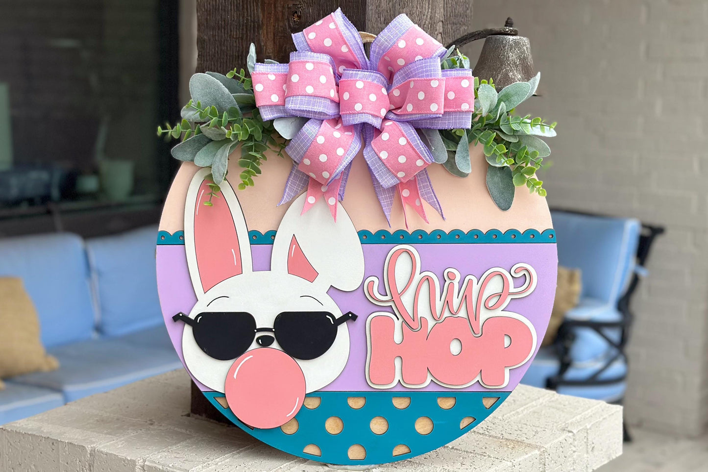 Easter Bunny Hip Hop SVG Laser Cut File, Round Door Hanger SVG, Easter Decor Glowforge File, Layered Bunny Sign, Xtool File, Door Sign svg