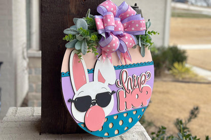 Easter Bunny Hip Hop SVG Laser Cut File, Round Door Hanger SVG, Easter Decor Glowforge File, Layered Bunny Sign, Xtool File, Door Sign svg