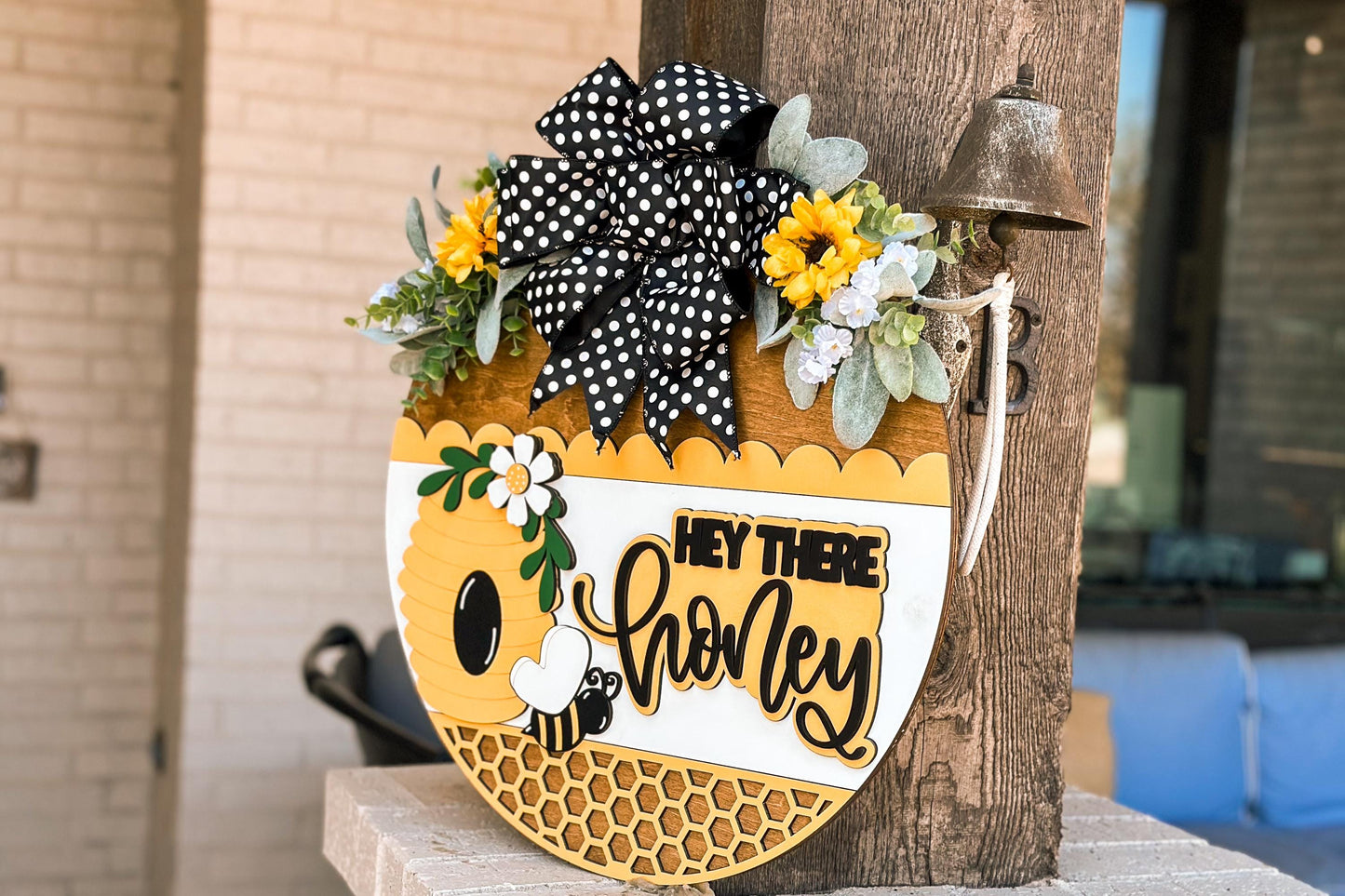 Hey There Honey SVG, Bee Door Hanger Laser Cut File, Beehive Round Sign, Farmhouse Porch Decor, Honeycomb Layered Sign, Glowforge xTool File