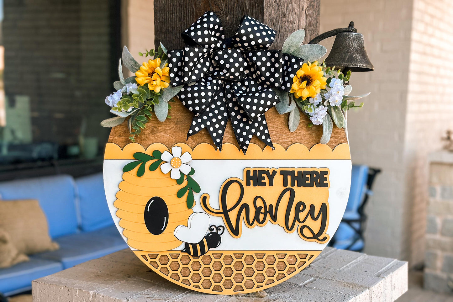 Hey There Honey SVG, Bee Door Hanger Laser Cut File, Beehive Round Sign, Farmhouse Porch Decor, Honeycomb Layered Sign, Glowforge xTool File