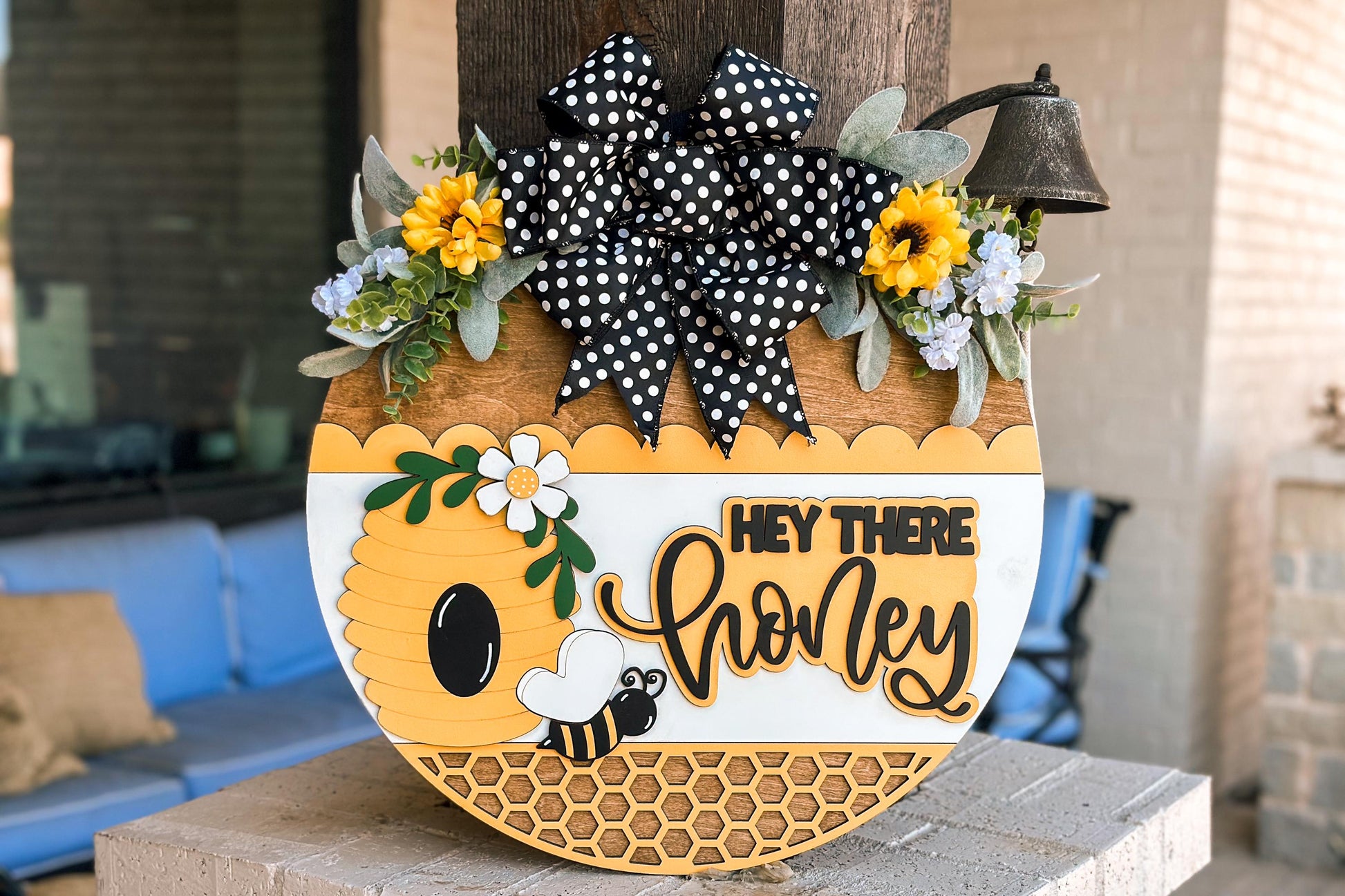 Hey There Honey SVG, Bee Door Hanger Laser Cut File, Beehive Round Sign, Farmhouse Porch Decor, Honeycomb Layered Sign, Glowforge xTool File
