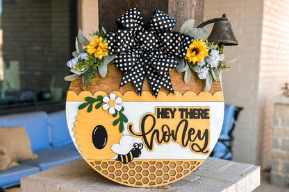 Hey There Honey SVG, Bee Door Hanger Laser Cut File, Beehive Round Sign, Farmhouse Porch Decor, Honeycomb Layered Sign, Glowforge xTool File