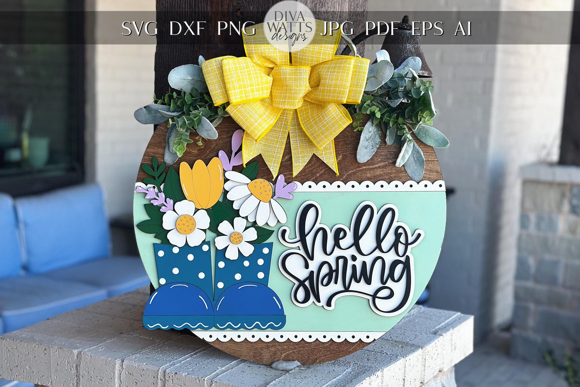 Hello Spring Door Hanger SVG | 3D Rain Boots Sign | Layered Laser Cut File for Glowforge & Xtool | Farmhouse Spring Decor