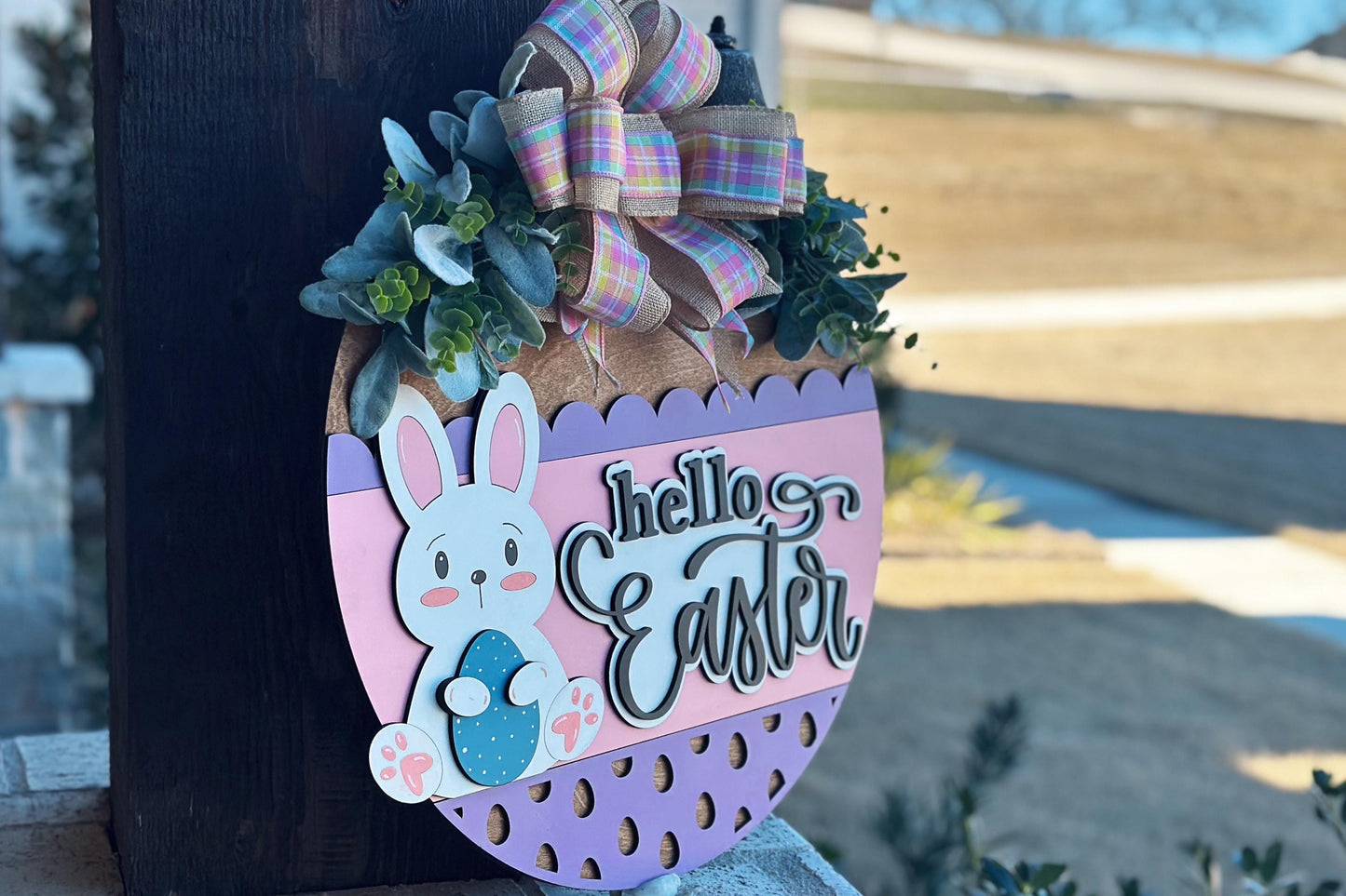 Hello Easter Door Hanger SVG | 3D Bunny Sign | Layered Laser Cut File for Glowforge & Xtool | Farmhouse Spring Decor | Spring Door Hanger