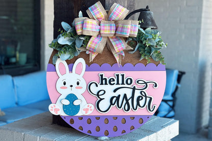 Hello Easter Door Hanger SVG | 3D Bunny Sign | Layered Laser Cut File for Glowforge & Xtool | Farmhouse Spring Decor | Spring Door Hanger