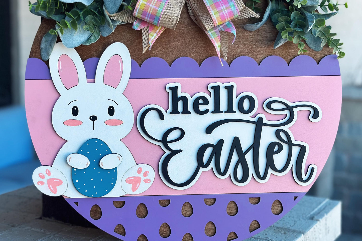 Hello Easter Door Hanger SVG | 3D Bunny Sign | Layered Laser Cut File for Glowforge & Xtool | Farmhouse Spring Decor | Spring Door Hanger