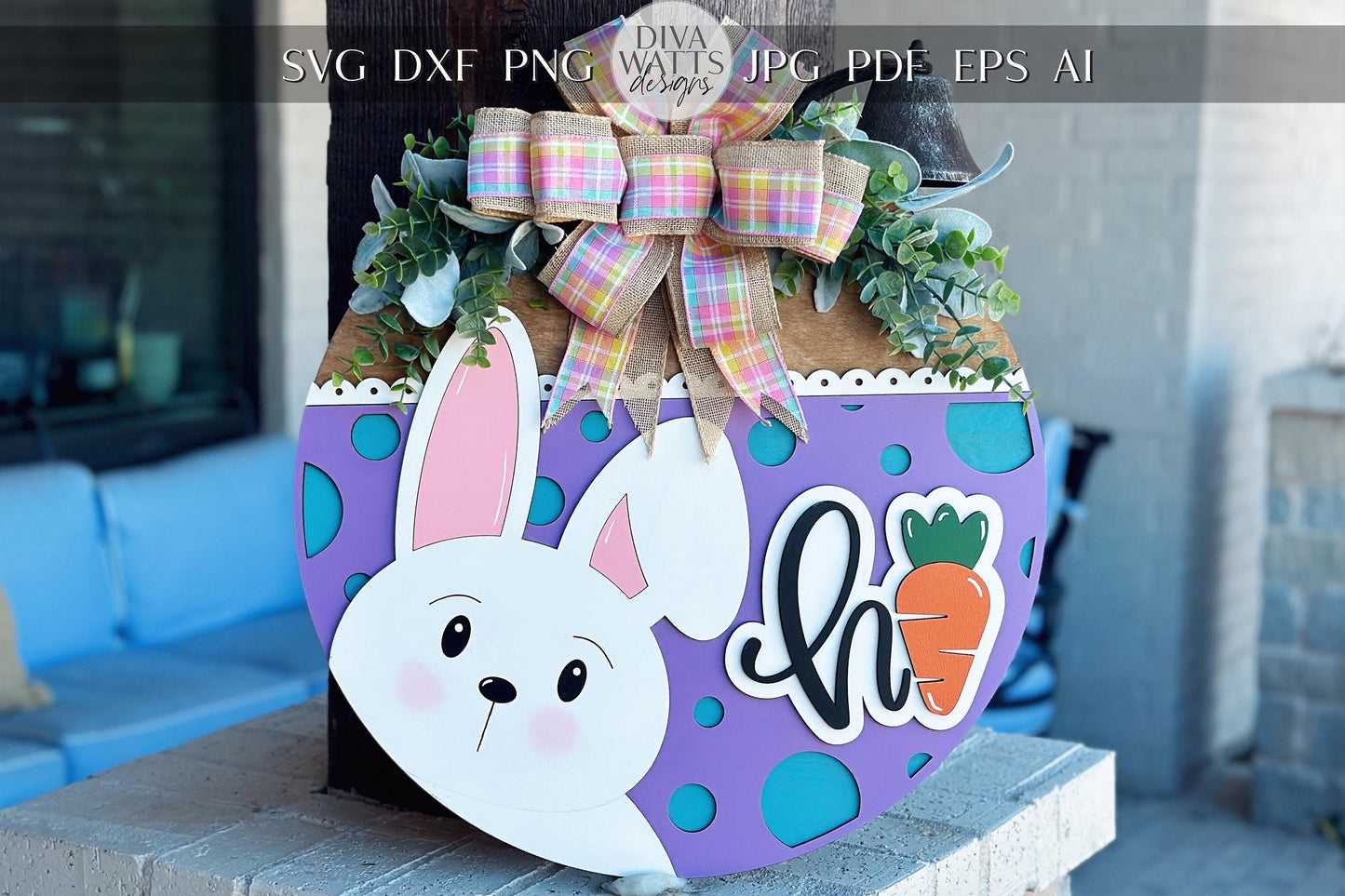 Hi Bunny Easter Door Hanger SVG | 3D Layered Laser Cut File | Cute Spring Bunny Sign for Glowforge & Xtool | Farmhouse Easter Decor