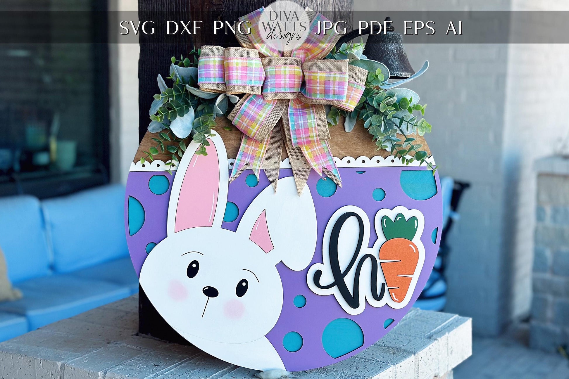 Hi Bunny Easter Door Hanger SVG | 3D Layered Laser Cut File | Cute Spring Bunny Sign for Glowforge & Xtool | Farmhouse Easter Decor