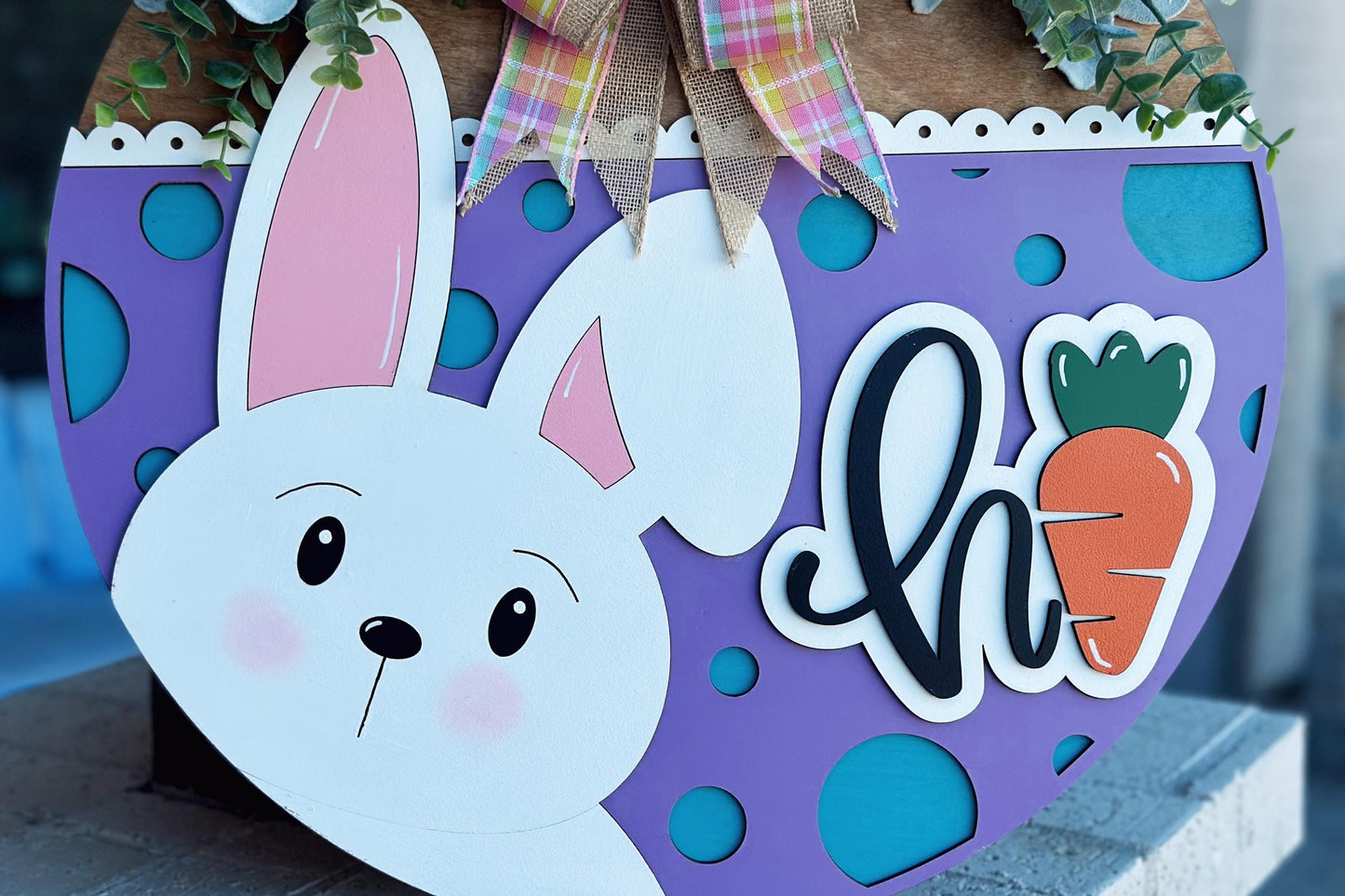 Hi Bunny Easter Door Hanger SVG | 3D Layered Laser Cut File | Cute Spring Bunny Sign for Glowforge & Xtool | Farmhouse Easter Decor