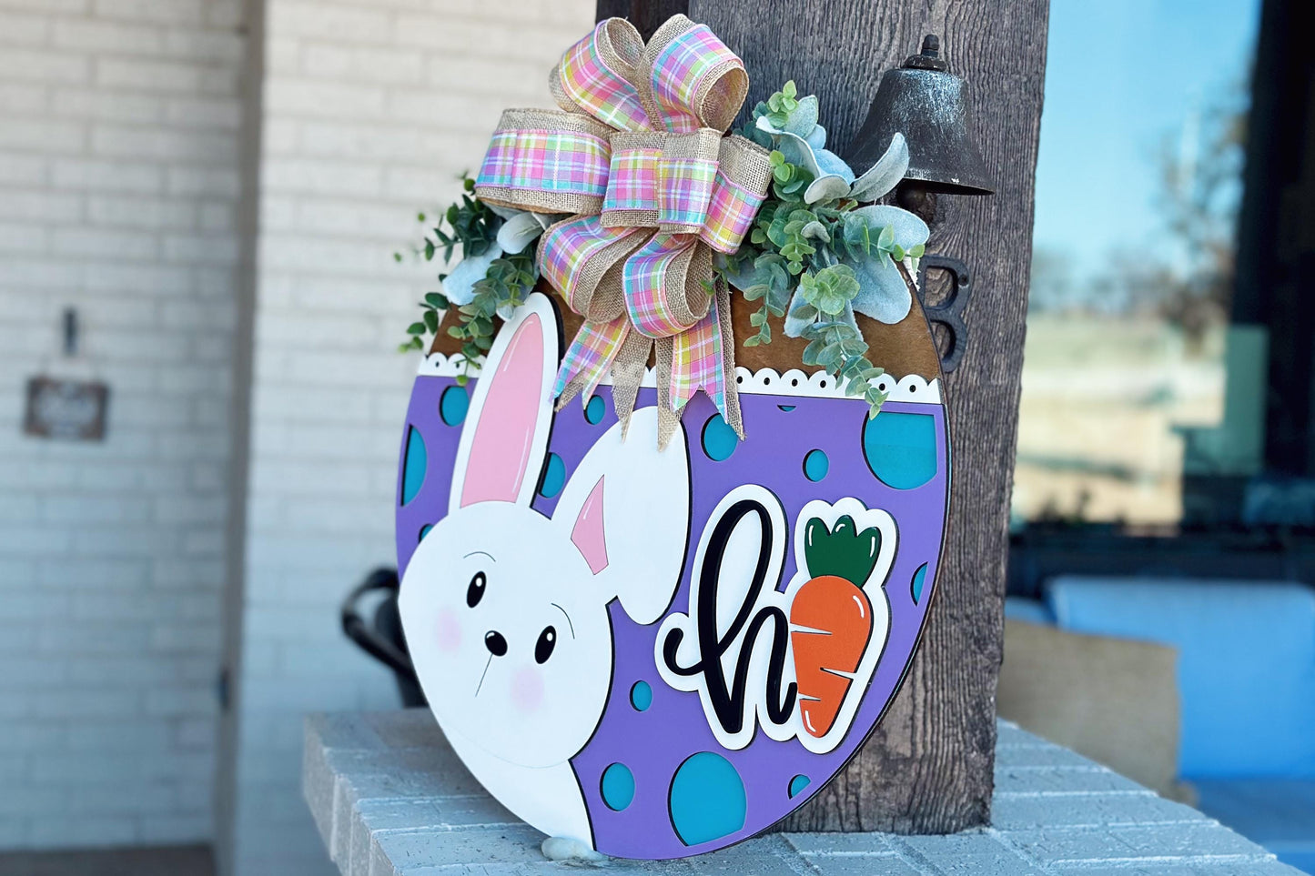 Hi Bunny Easter Door Hanger SVG | 3D Layered Laser Cut File | Cute Spring Bunny Sign for Glowforge & Xtool | Farmhouse Easter Decor