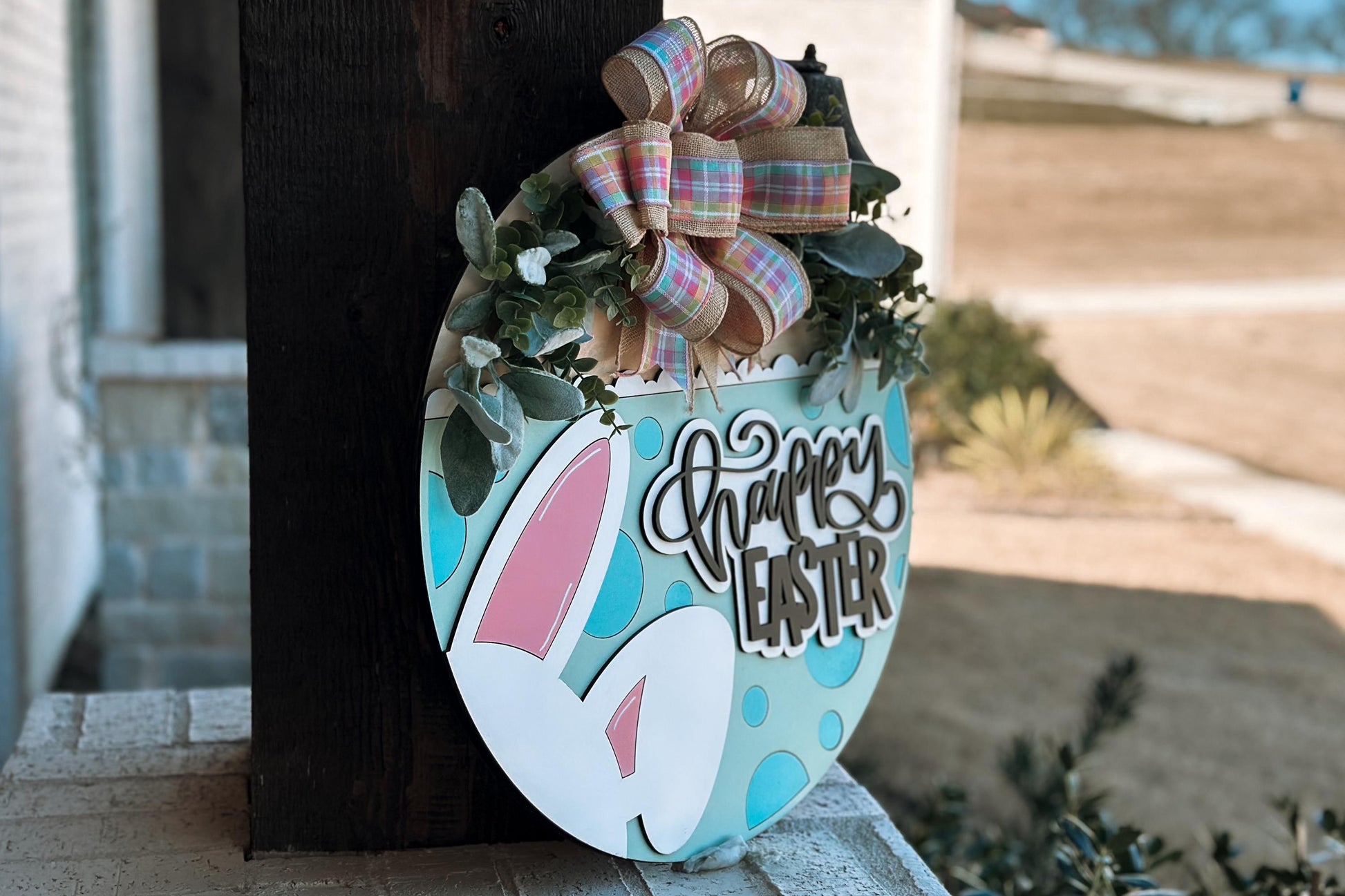 Happy Easter Bunny Door Hanger SVG, Layered Easter Sign Laser Cut File, Spring Front Door Decor, Glowforge Xtool Easter Door Hanger SVG