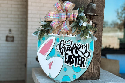 Happy Easter Bunny Door Hanger SVG, Layered Easter Sign Laser Cut File, Spring Front Door Decor, Glowforge Xtool Easter Door Hanger SVG