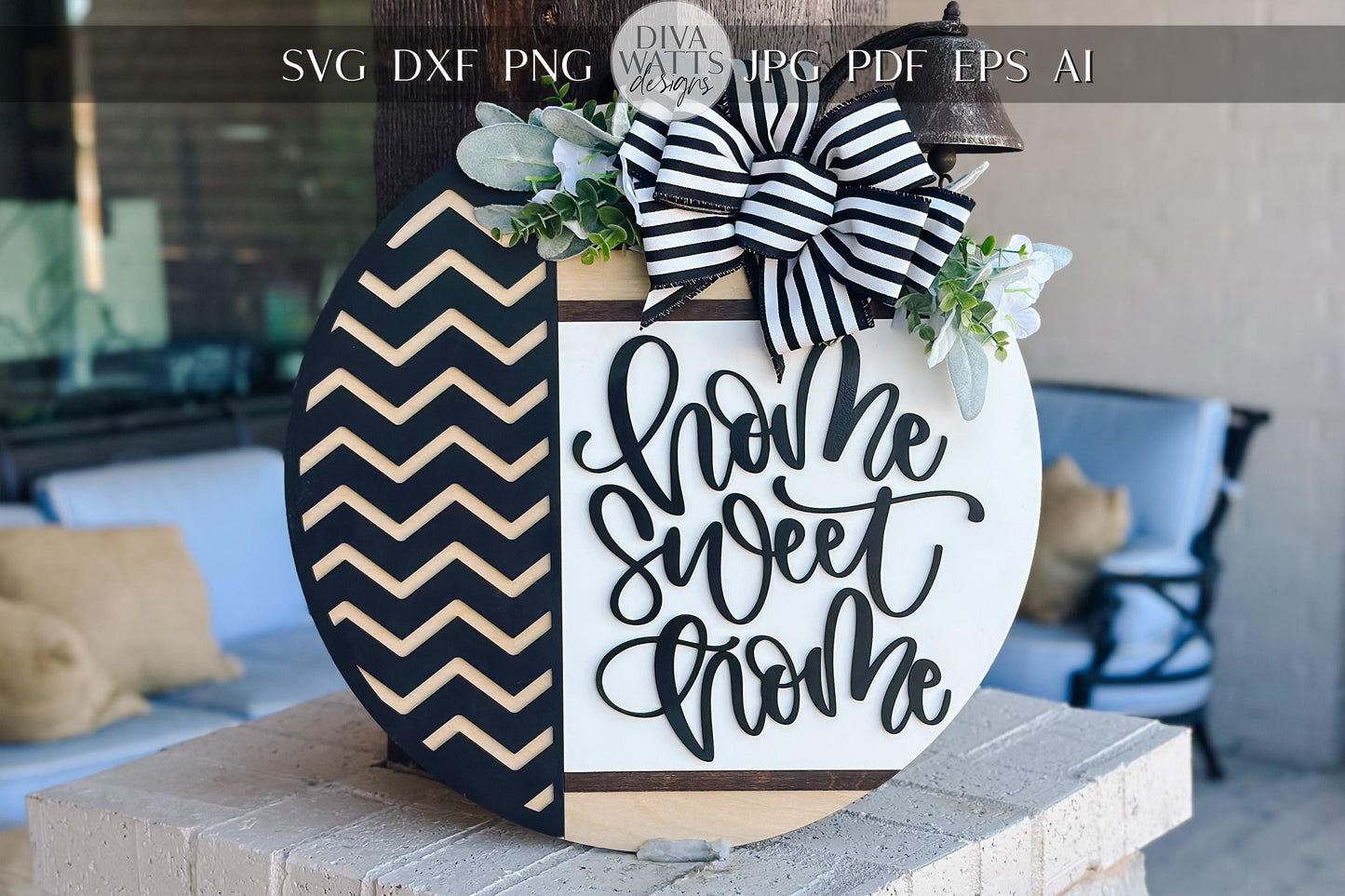 Home Sweet Home Door Hanger SVG, Layered Round Sign Laser Cut File, Farmhouse Welcome Sign for Glowforge Xtool, DIY Wood Decor Geometric SVG