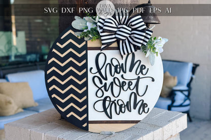 Home Sweet Home Door Hanger SVG, Layered Round Sign Laser Cut File, Farmhouse Welcome Sign for Glowforge Xtool, DIY Wood Decor Geometric SVG