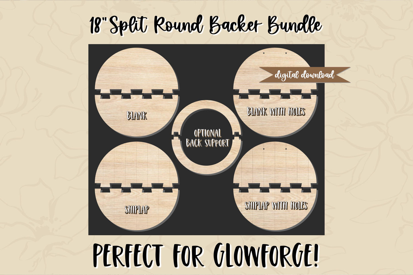 18" Split Round Backer SVG Bundle, Laser Cut Door Hanger File, Glowforge Split Circle Backer, Shiplap & Blank Round Sign SVG