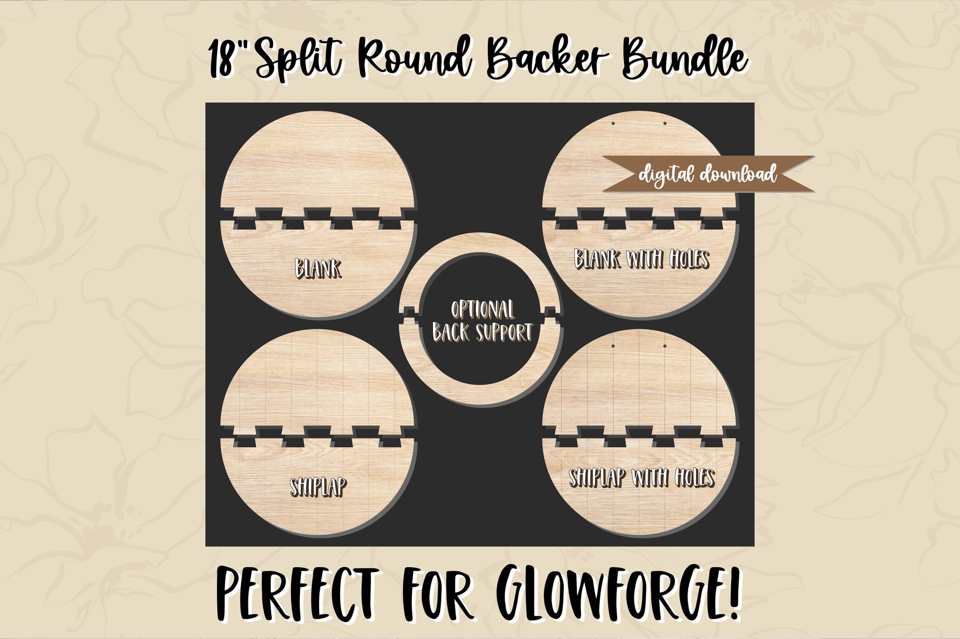 18" Split Round Backer SVG Bundle, Laser Cut Door Hanger File, Glowforge Split Circle Backer, Shiplap & Blank Round Sign SVG