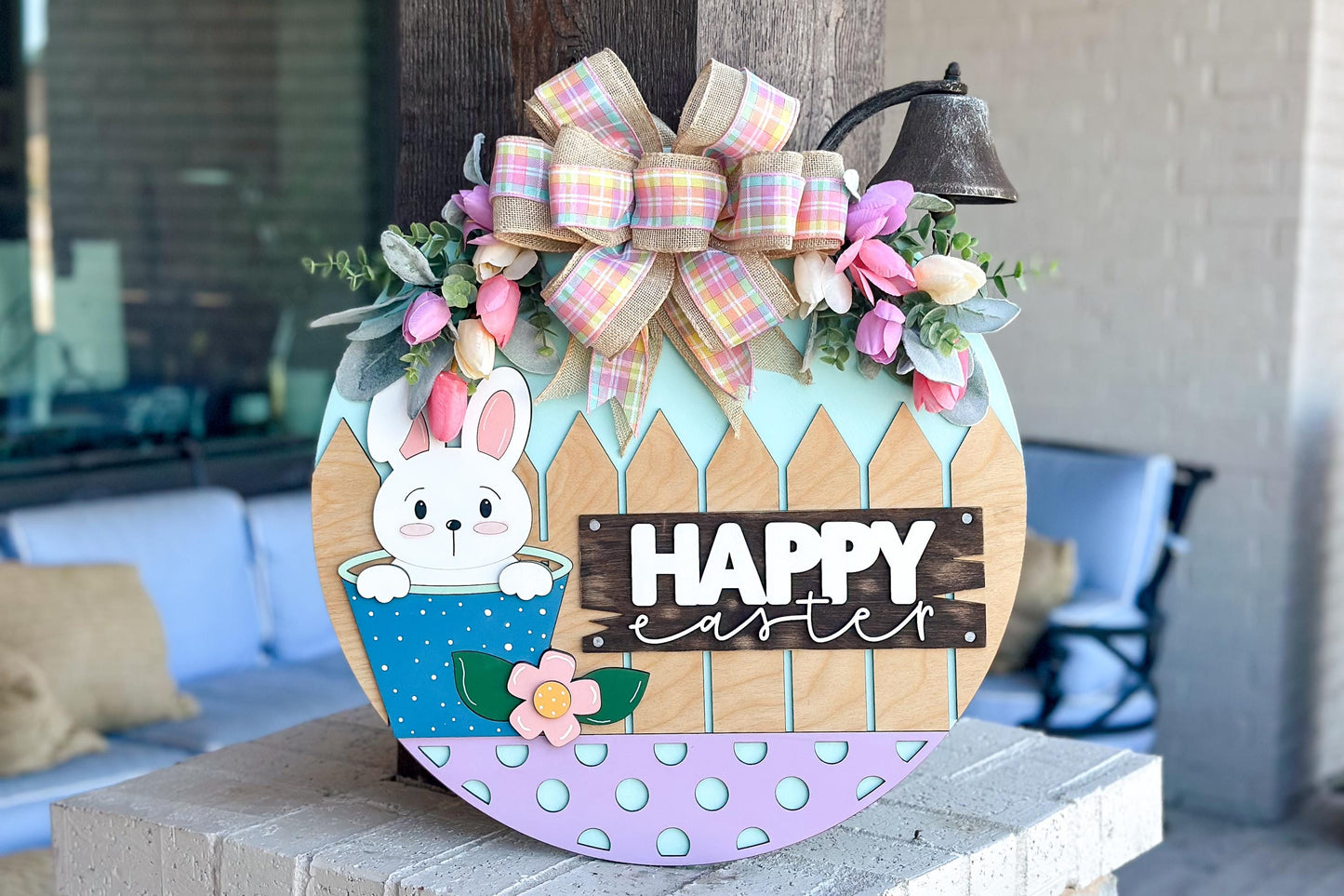 Easter Bunny Door Hanger SVG, Happy Easter Laser Cut File, Layered Round Sign, Farmhouse Spring Decor, Glowforge Xtool SVG