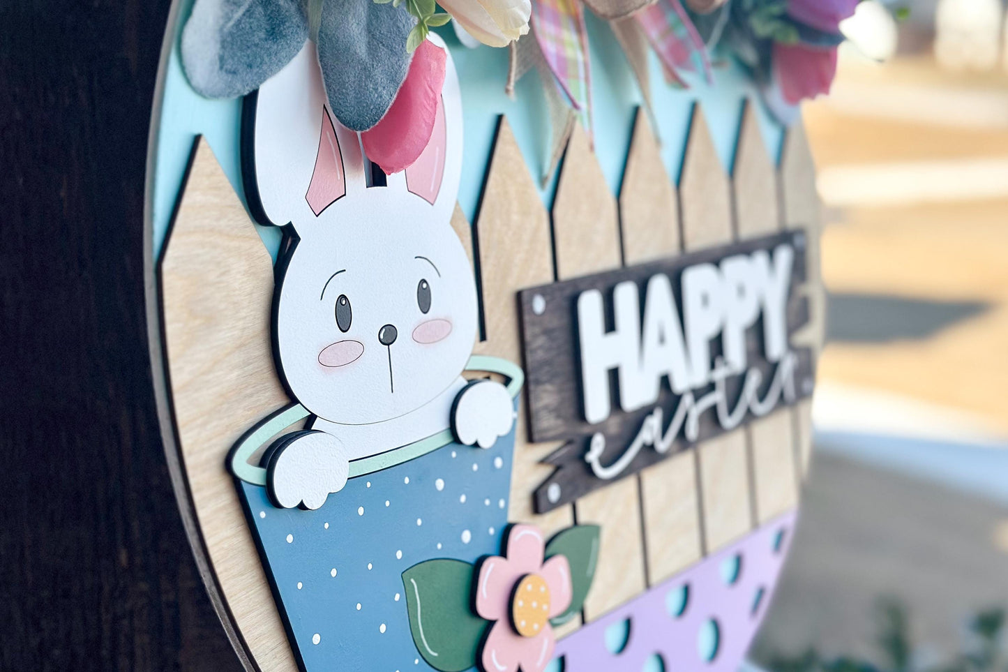 Easter Bunny Door Hanger SVG, Happy Easter Laser Cut File, Layered Round Sign, Farmhouse Spring Decor, Glowforge Xtool SVG