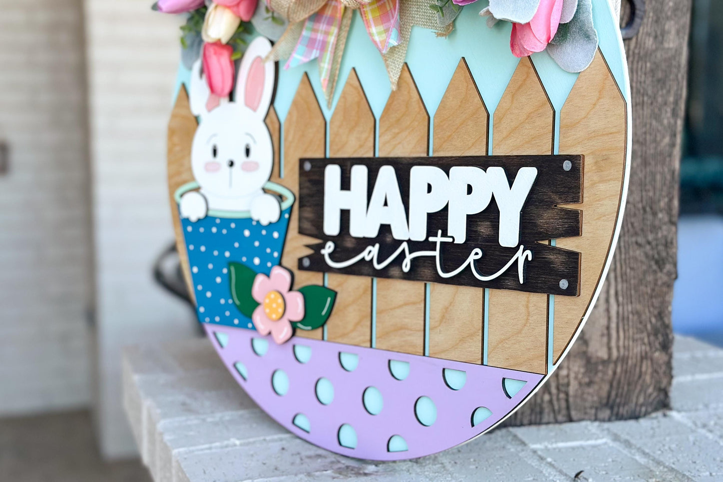 Easter Bunny Door Hanger SVG, Happy Easter Laser Cut File, Layered Round Sign, Farmhouse Spring Decor, Glowforge Xtool SVG
