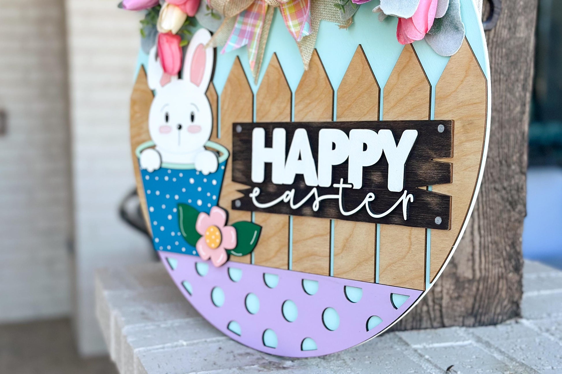 Easter Bunny Door Hanger SVG, Happy Easter Laser Cut File, Layered Round Sign, Farmhouse Spring Decor, Glowforge Xtool SVG