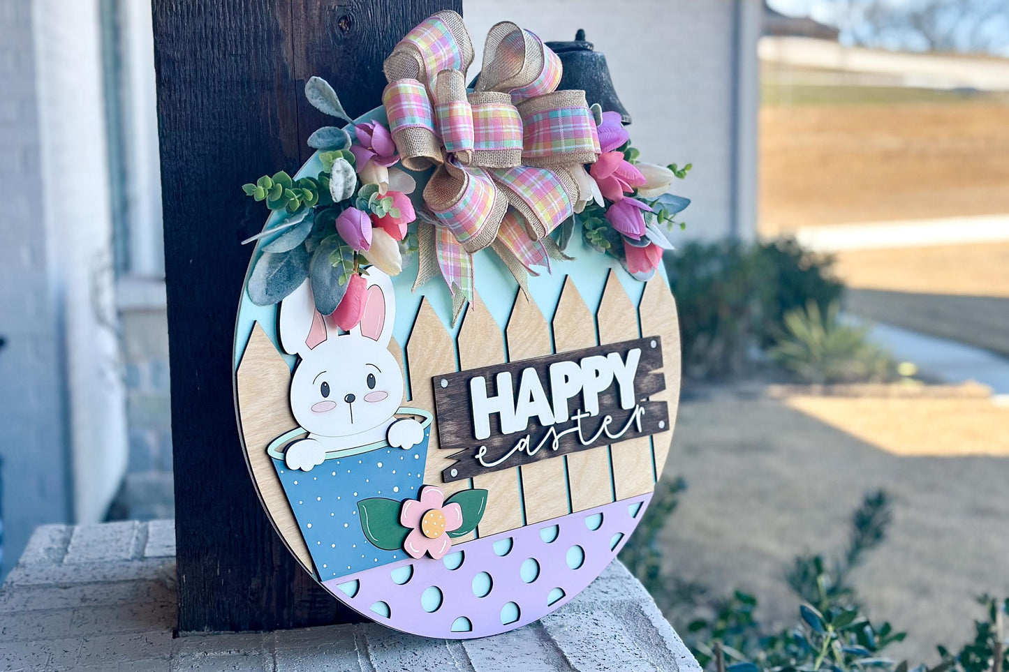 Easter Bunny Door Hanger SVG, Happy Easter Laser Cut File, Layered Round Sign, Farmhouse Spring Decor, Glowforge Xtool SVG