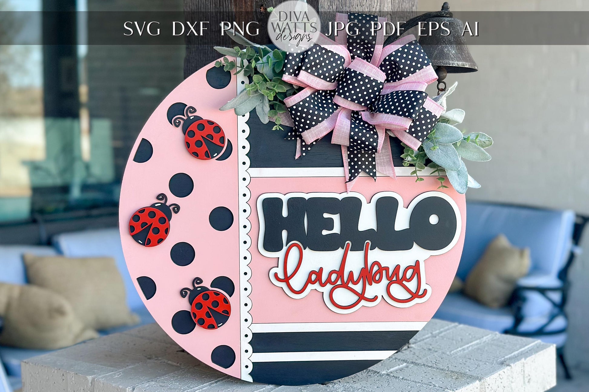Hello Ladybug Round Door Hanger SVG, Layered Laser Cut File, Spring Porch Sign, Farmhouse Ladybug Decor, Glowforge Xtool File Ladybug Decor