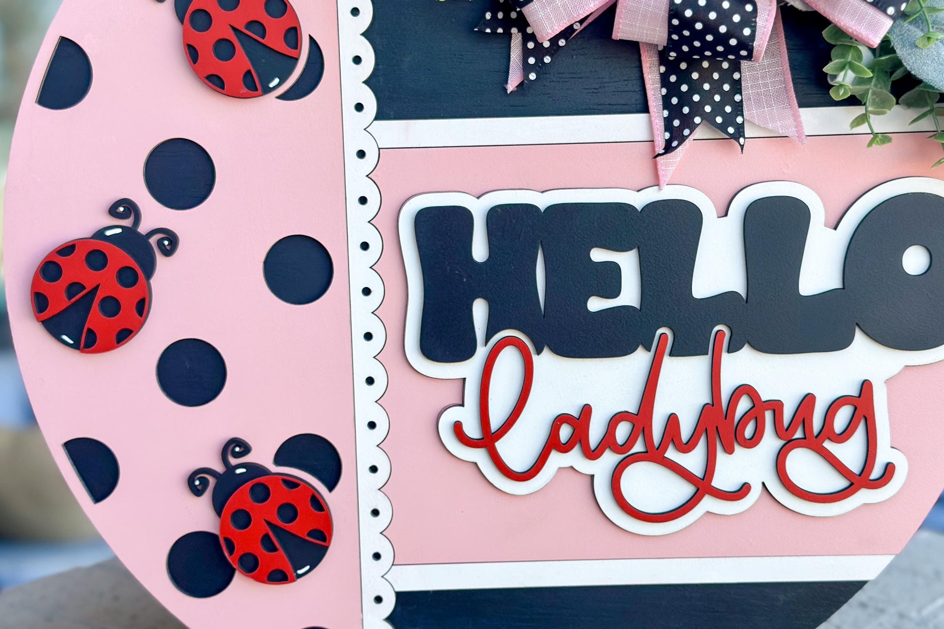 Hello Ladybug Round Door Hanger SVG, Layered Laser Cut File, Spring Porch Sign, Farmhouse Ladybug Decor, Glowforge Xtool File Ladybug Decor