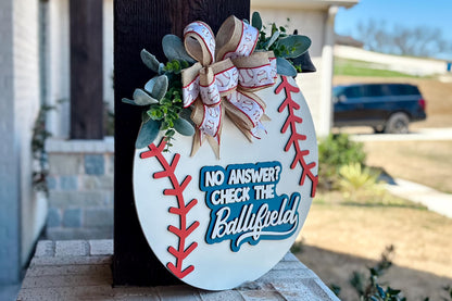 Baseball Door Hanger SVG Laser File | No Answer Check the Ballfield Sign | 3D Layered Laser Cut File | Xtool Glowforge Cut File Round Sign