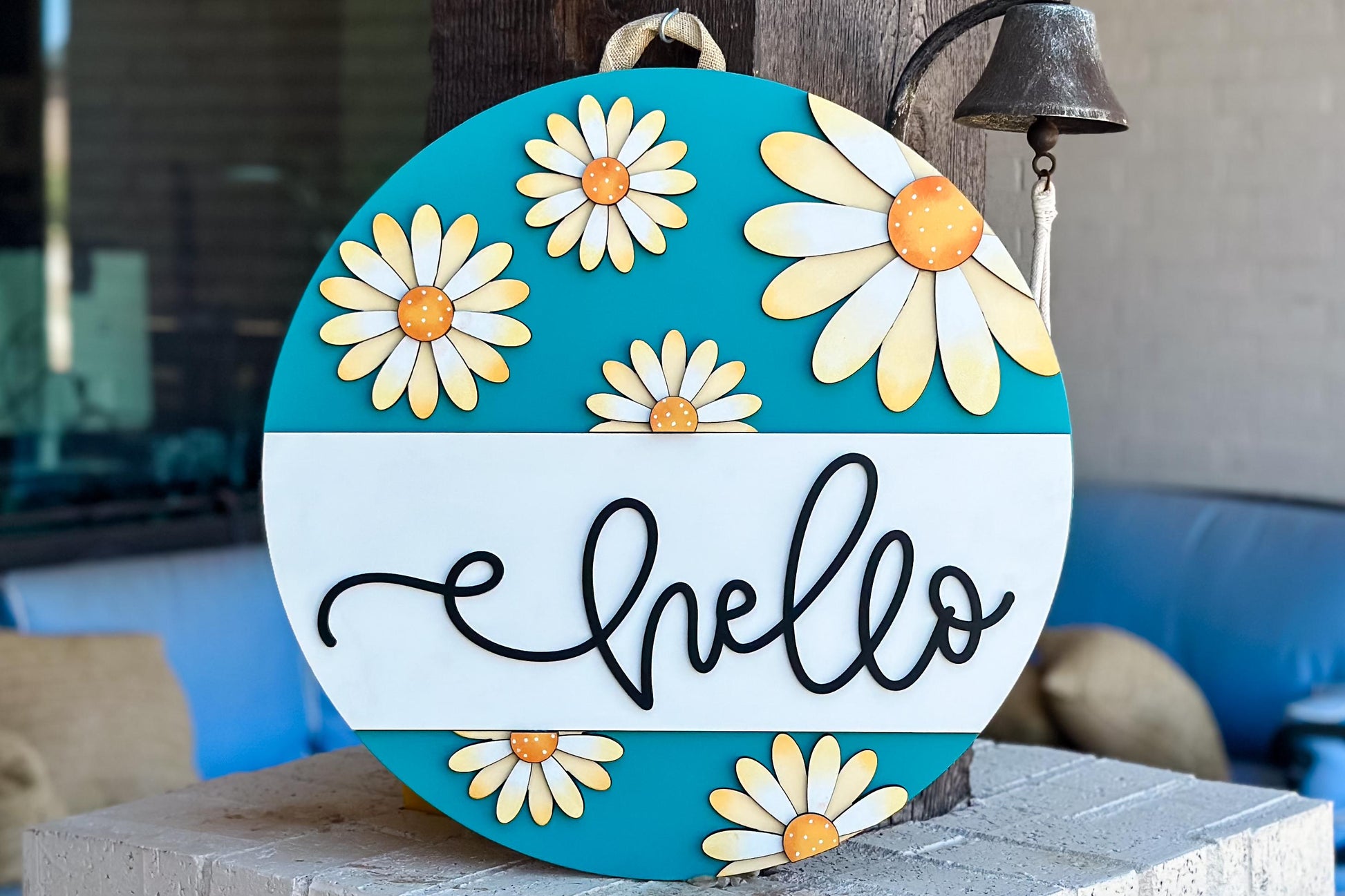Hello Daisy Door Hanger SVG Laser Cut File | 3D Layered Floral Sign | Spring Porch Decor | Glowforge Xtool Laser File Flower Door Hanger