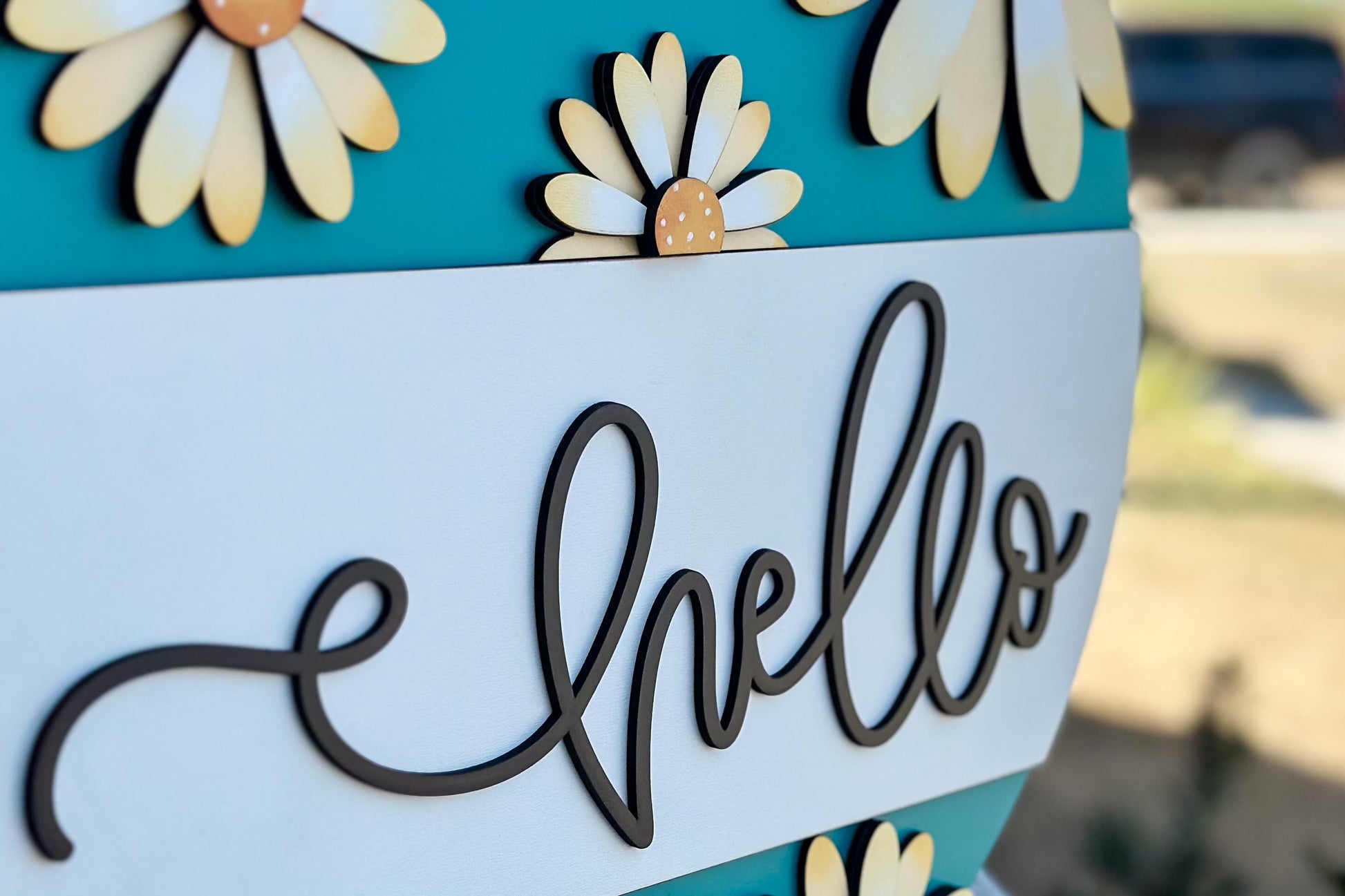 Hello Daisy Door Hanger SVG Laser Cut File | 3D Layered Floral Sign | Spring Porch Decor | Glowforge Xtool Laser File Flower Door Hanger