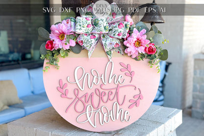Home Sweet Home Laser Cut File SVG | Round Door Hanger SVG | Floral Layered Sign | Glowforge & Xtool File | DIY Welcome Sign svg