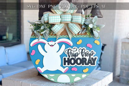 Hip Hop Hooray Easter Bunny Door Hanger SVG, Laser Cut File, 3D Layered Easter Sign, Spring Porch Decor, Glowforge, Xtool, Laser SVG