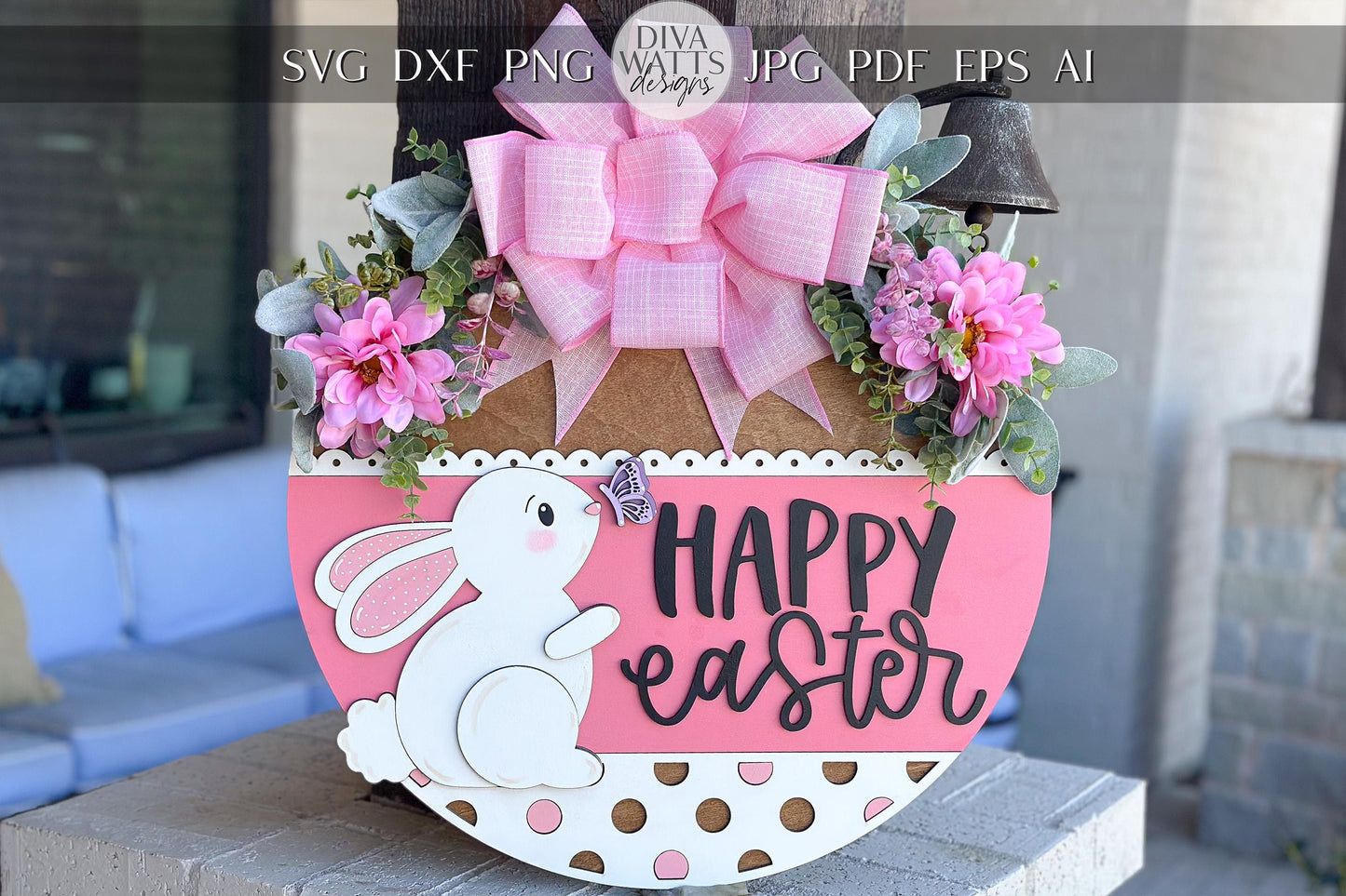 Happy Easter Bunny with Butterfly Door Hanger SVG, 3D Layered Laser Cut File, Spring Porch Sign, Glowforge, Xtool, Laser SVG