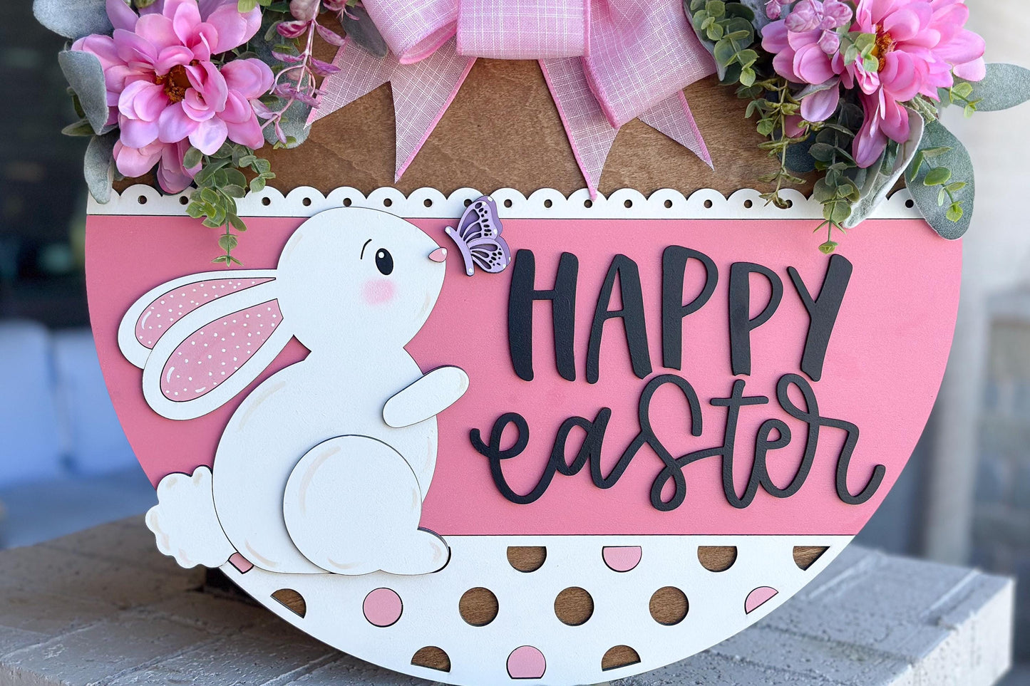 Happy Easter Bunny with Butterfly Door Hanger SVG, 3D Layered Laser Cut File, Spring Porch Sign, Glowforge, Xtool, Laser SVG