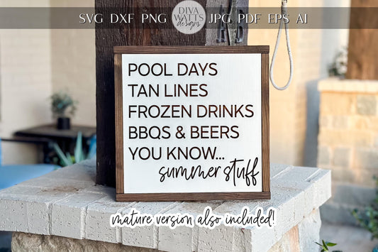Summer Stuff Sign SVG Laser File | Pool Days Tan Lines Beers BBQs Engrave Sign | Funny Summer Sign SVG for Laser Engraving and Cutting