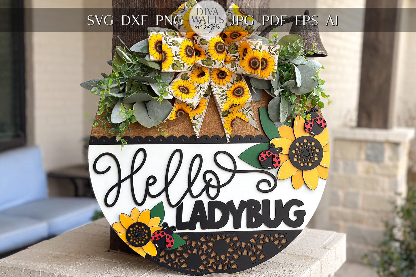 Hello Ladybug Door Hanger SVG, 3D Layered Laser Cut File, Sunflower Porch Sign, Spring Welcome Sign, Glowforge xTool Cut File