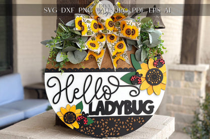 Hello Ladybug Door Hanger SVG, 3D Layered Laser Cut File, Sunflower Porch Sign, Spring Welcome Sign, Glowforge xTool Cut File