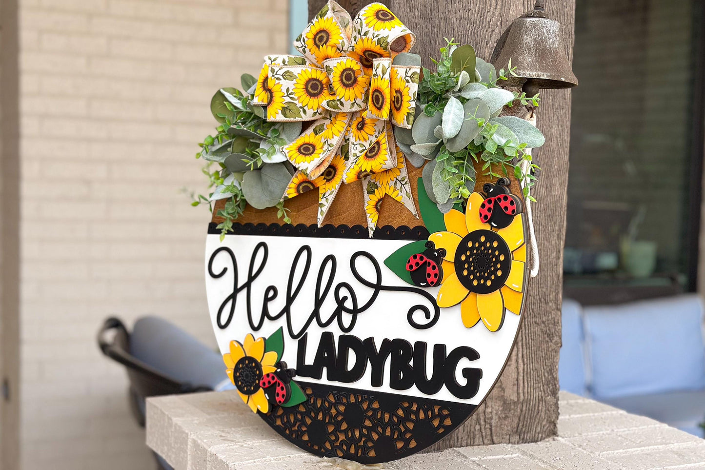 Hello Ladybug Door Hanger SVG, 3D Layered Laser Cut File, Sunflower Porch Sign, Spring Welcome Sign, Glowforge xTool Cut File