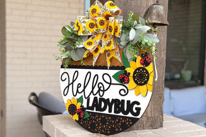 Hello Ladybug Door Hanger SVG, 3D Layered Laser Cut File, Sunflower Porch Sign, Spring Welcome Sign, Glowforge xTool Cut File