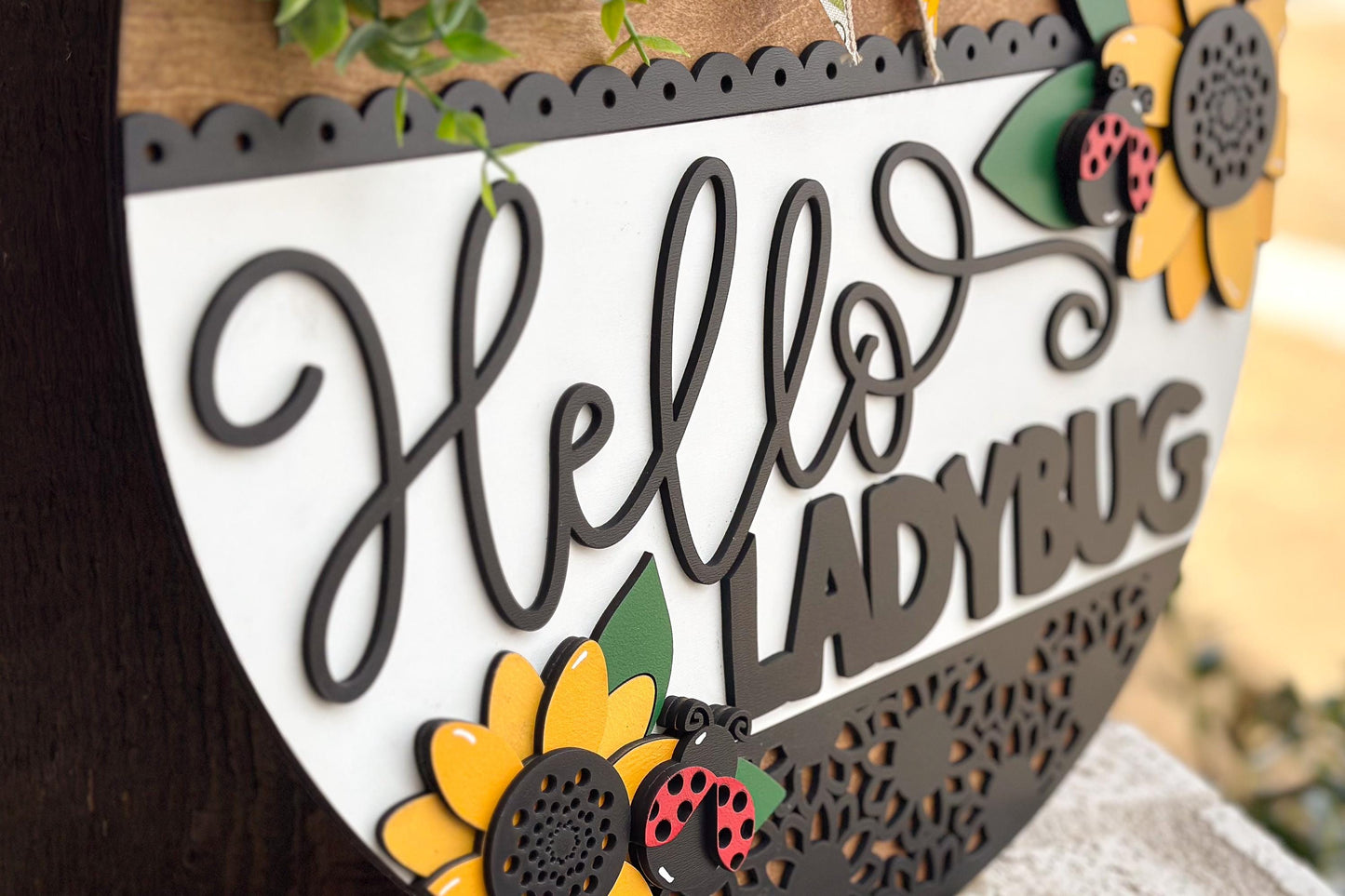 Hello Ladybug Door Hanger SVG, 3D Layered Laser Cut File, Sunflower Porch Sign, Spring Welcome Sign, Glowforge xTool Cut File
