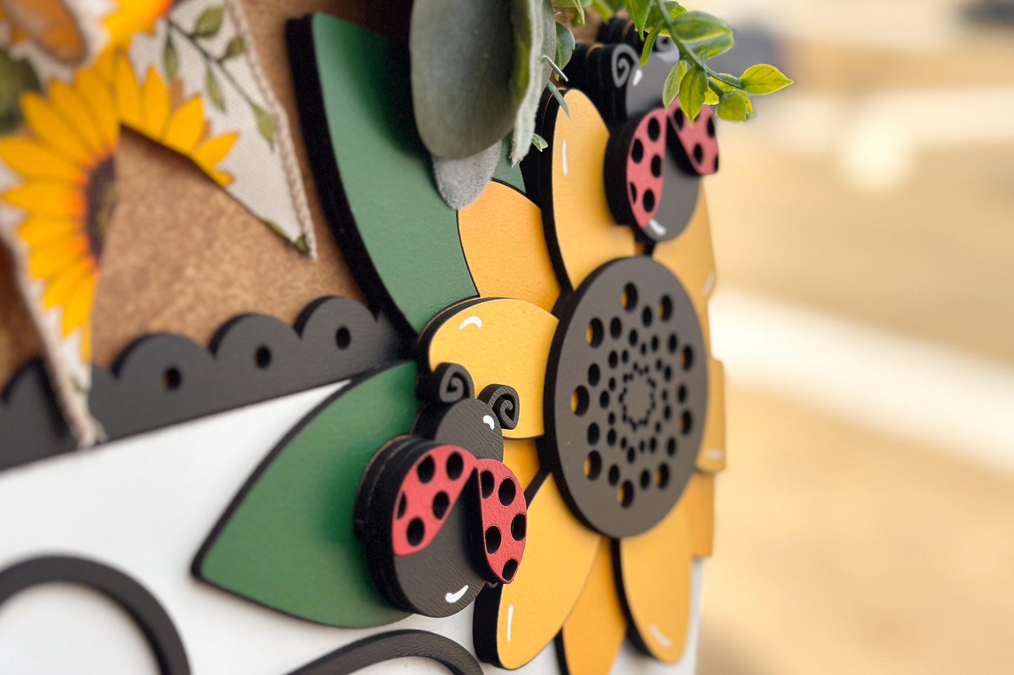 Hello Ladybug Door Hanger SVG, 3D Layered Laser Cut File, Sunflower Porch Sign, Spring Welcome Sign, Glowforge xTool Cut File