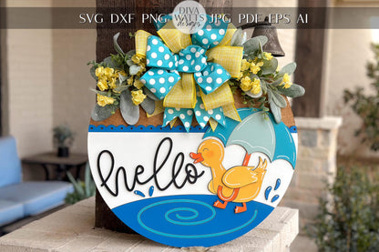 Hello Duck Rainy Day Door Hanger SVG, 3D Layered Laser Cut File, Spring Porch Sign, Cute Duckling Umbrella Sign, Glowforge xTool Cut File