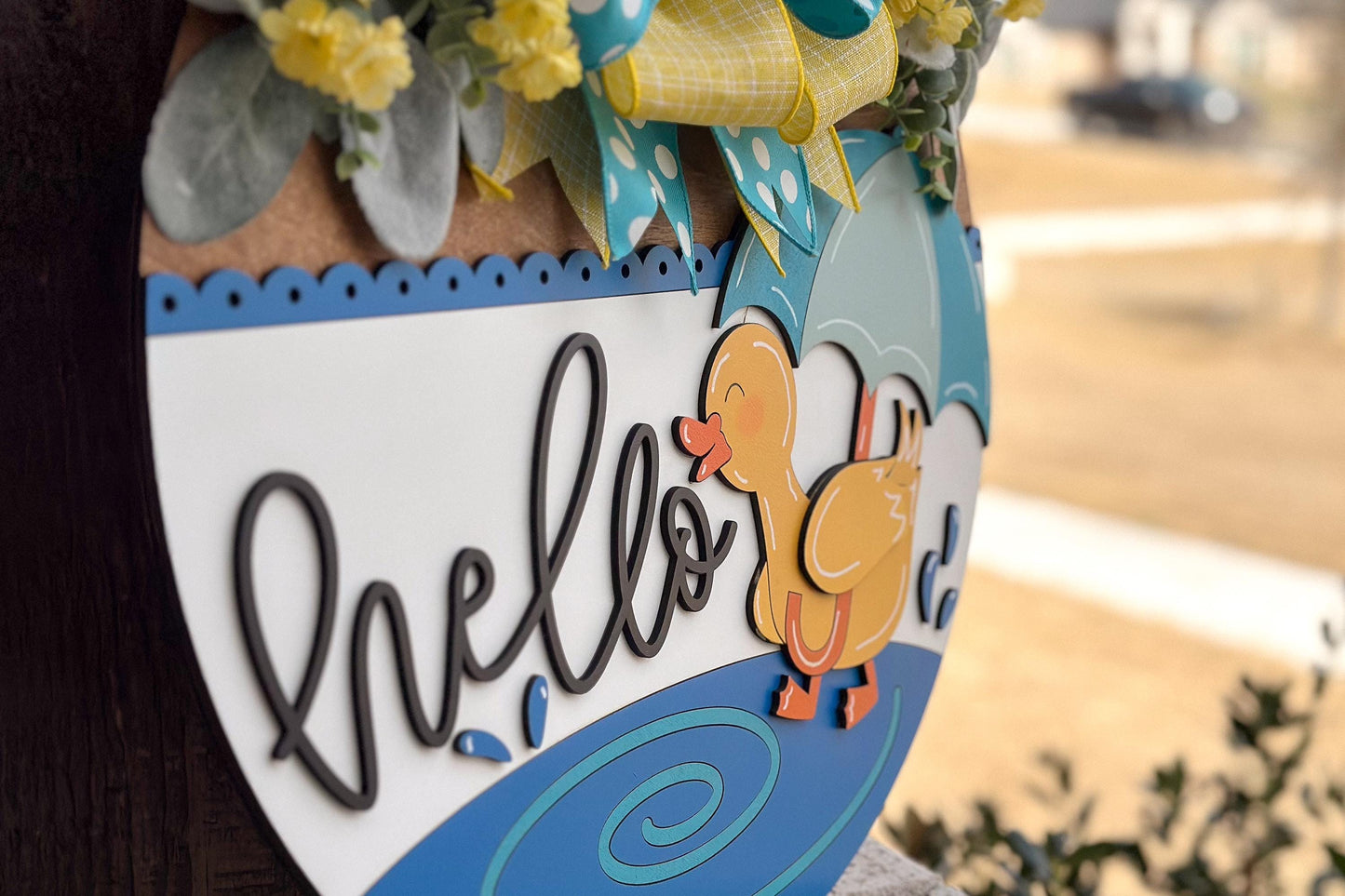 Hello Duck Rainy Day Door Hanger SVG, 3D Layered Laser Cut File, Spring Porch Sign, Cute Duckling Umbrella Sign, Glowforge xTool Cut File