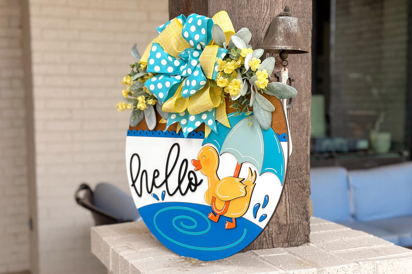 Hello Duck Rainy Day Door Hanger SVG, 3D Layered Laser Cut File, Spring Porch Sign, Cute Duckling Umbrella Sign, Glowforge xTool Cut File
